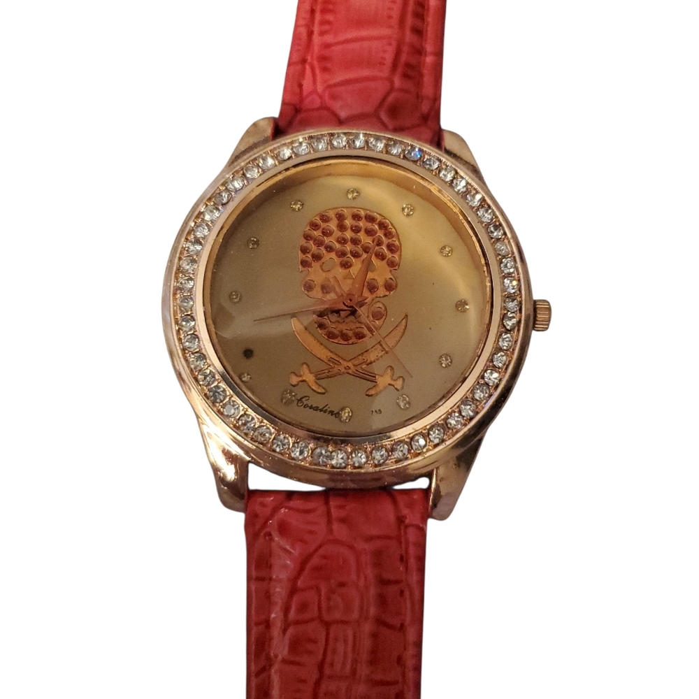 Skull & Cross Swords Watch featuring a Crystal-Studded Bezel and Red Band. - Picture 2 of 5
